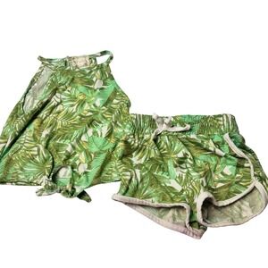 Girls 4T Tropical Palm Leaf 2 Piece Set Halter Tie Top‎ Dolphin Shorts Green